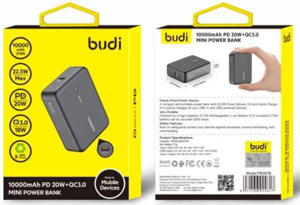 Budi Mini Power Bank 10000mAh, 20W PD+QC 3.0 - Image 3